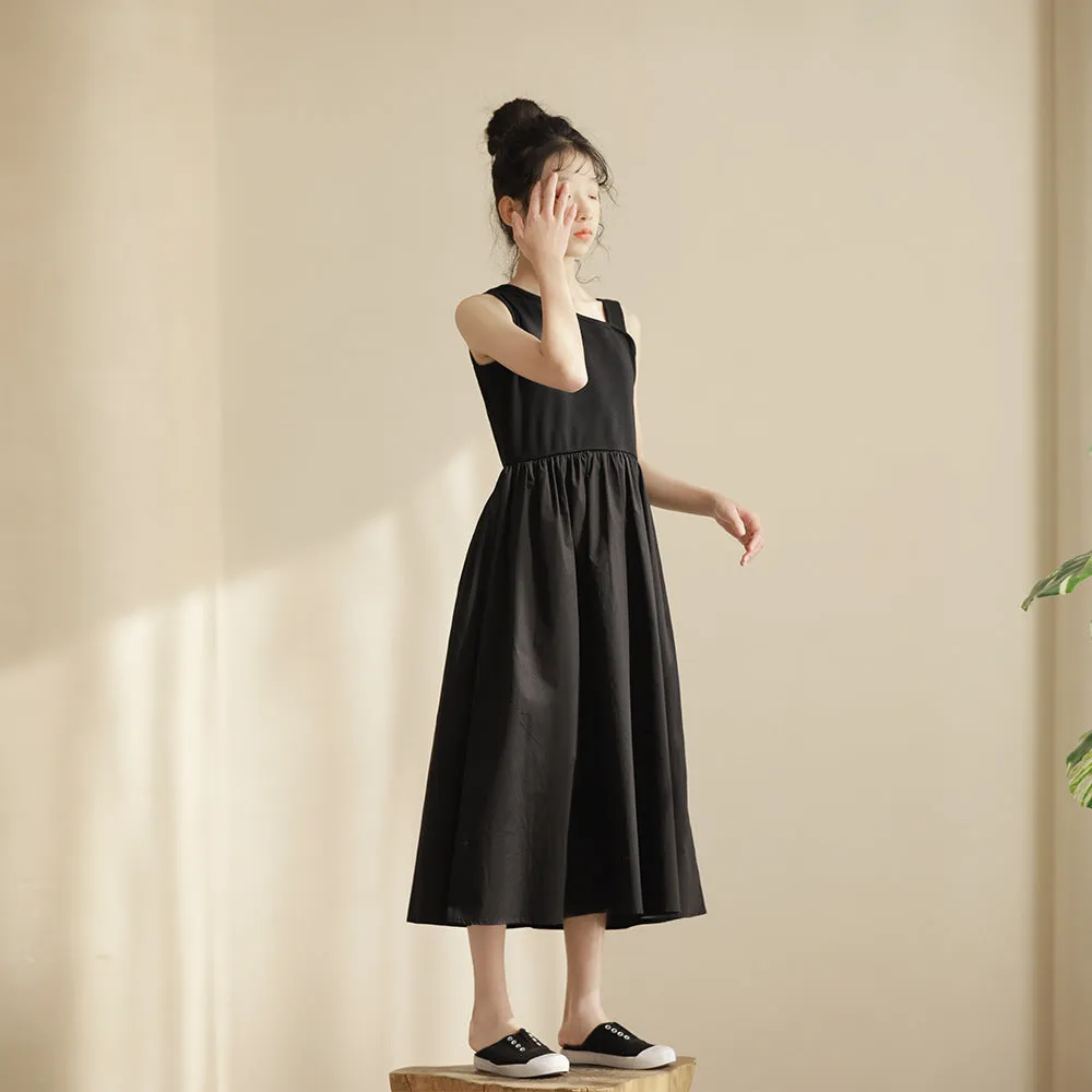 日系 黑色赫本风斜肩长款连衣裙 Asymmetric Sleeveless Dress