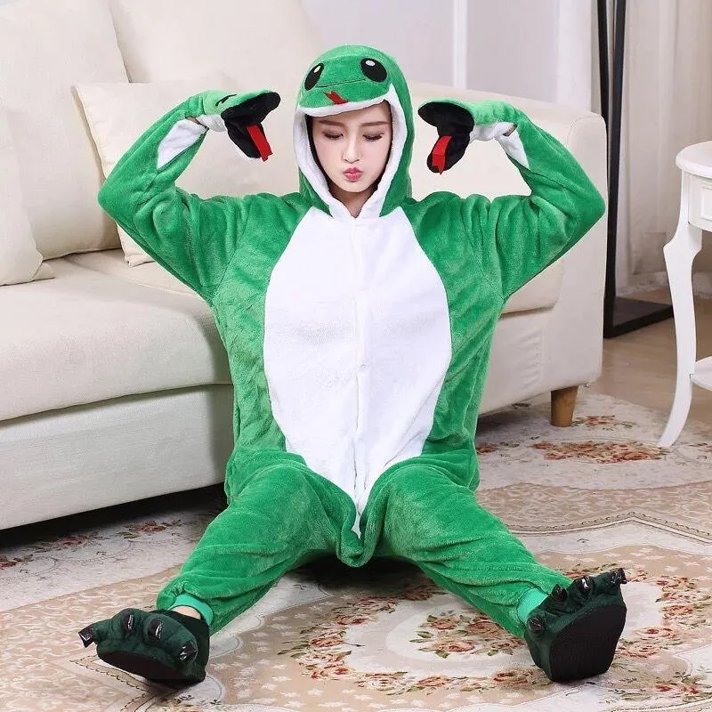 Autumn And Winter Foreign Trade New Style Jack Finn Green Snake Long Tail Monkey Flannel One-piece Pajamas Men And Women Home Clothes