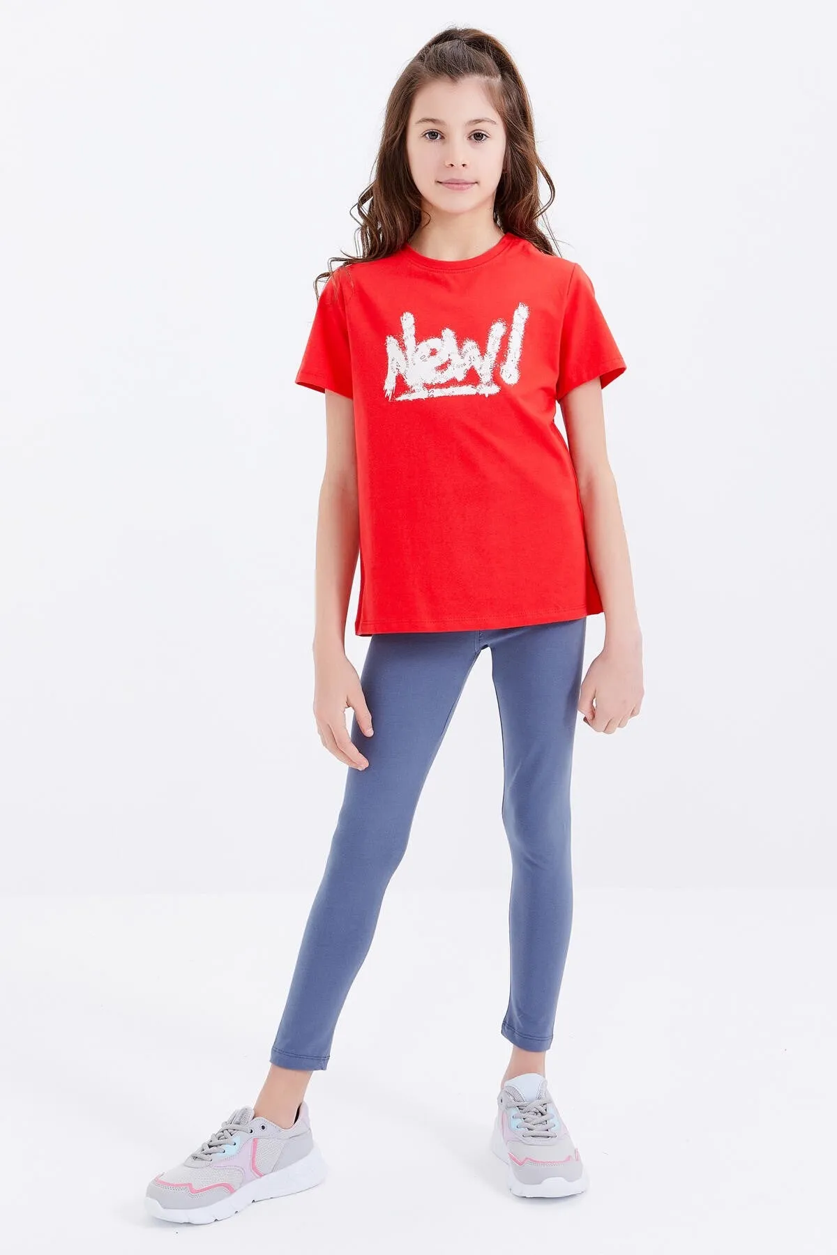 basic yazi baskili o yaka rahat form kiz çocuk t-shirt - 75041
