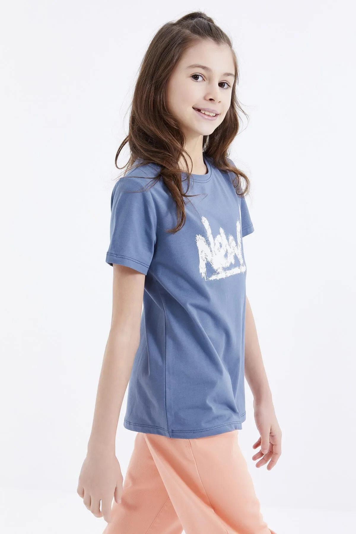 basic yazi baskili o yaka rahat form kiz çocuk t-shirt - 75041