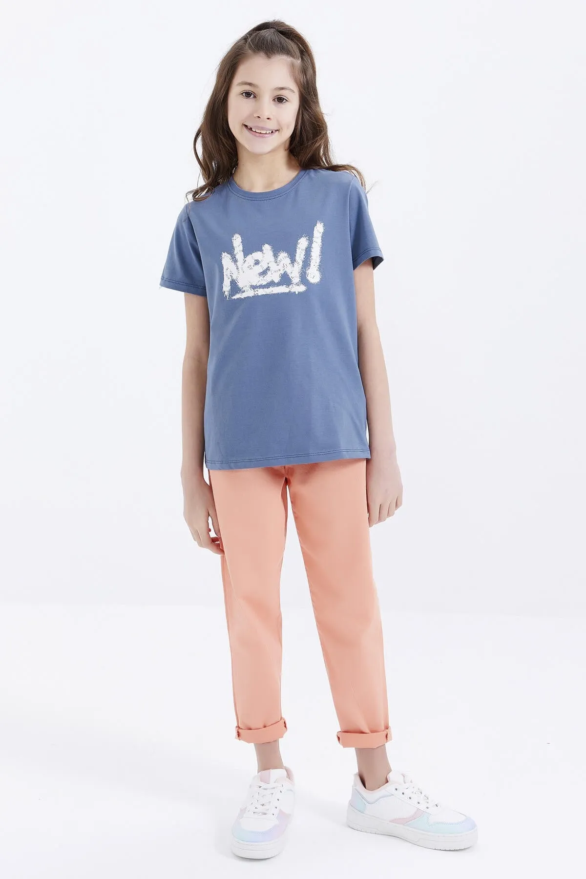 basic yazi baskili o yaka rahat form kiz çocuk t-shirt - 75041