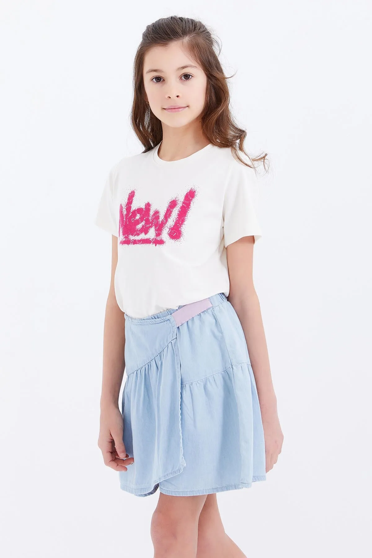 basic yazi baskili o yaka rahat form kiz çocuk t-shirt - 75041