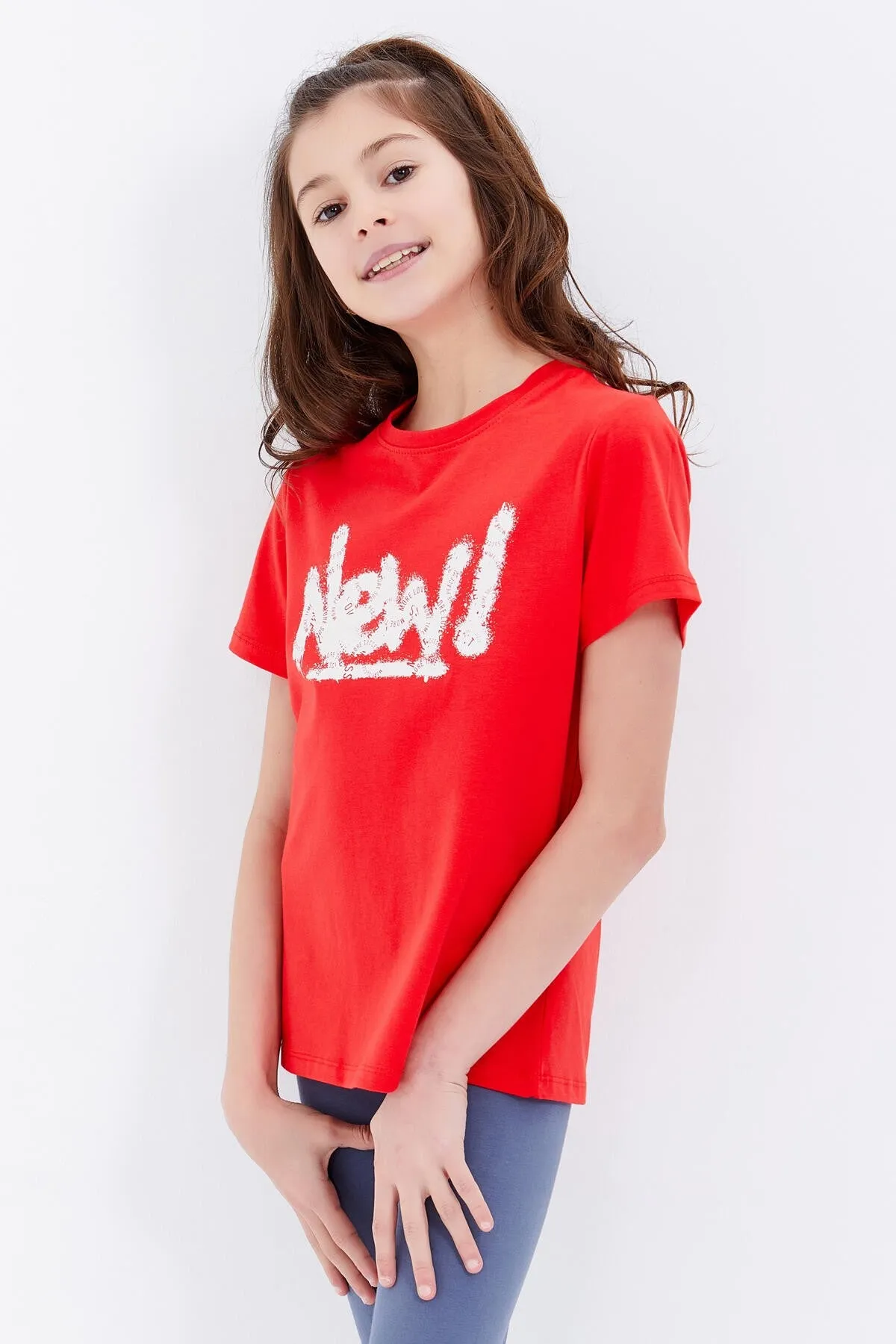 basic yazi baskili o yaka rahat form kiz çocuk t-shirt - 75041