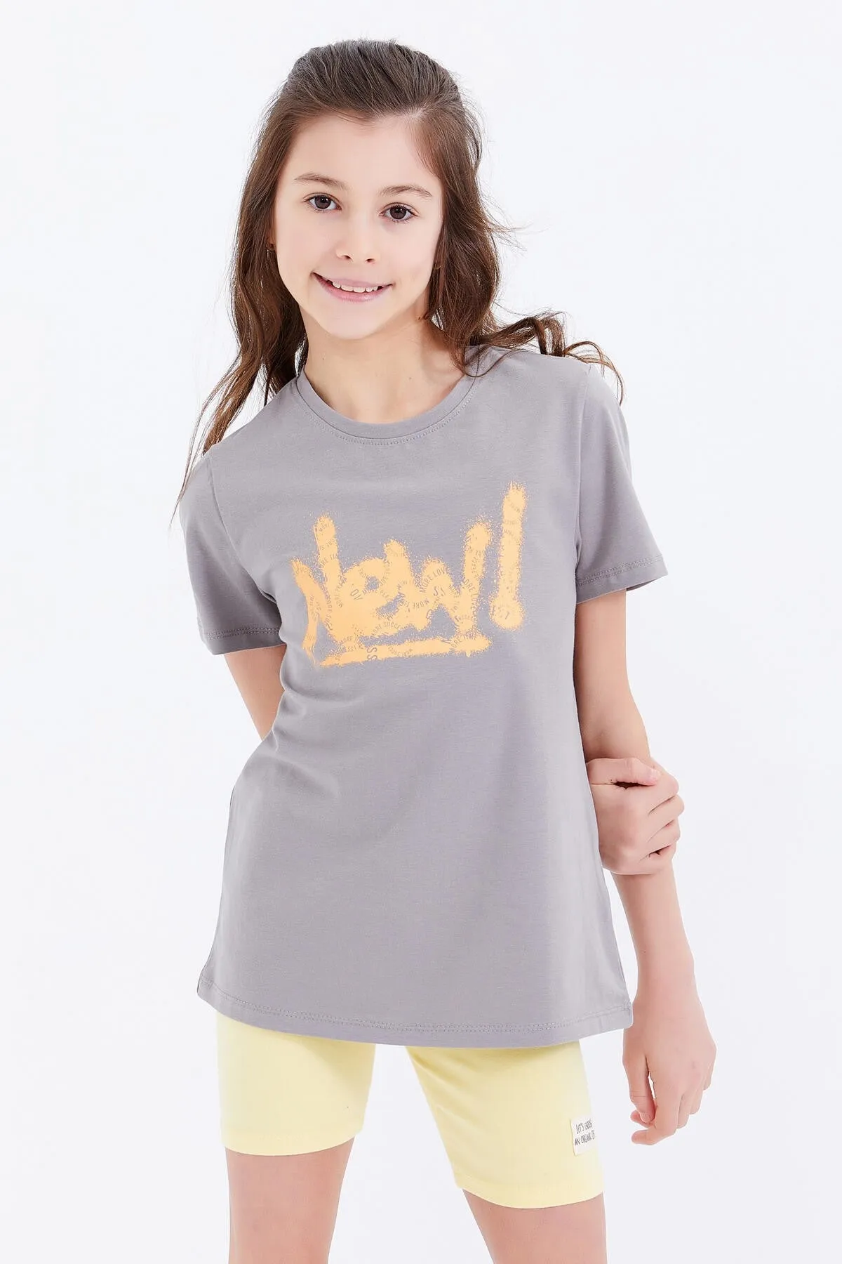 basic yazi baskili o yaka rahat form kiz çocuk t-shirt - 75041