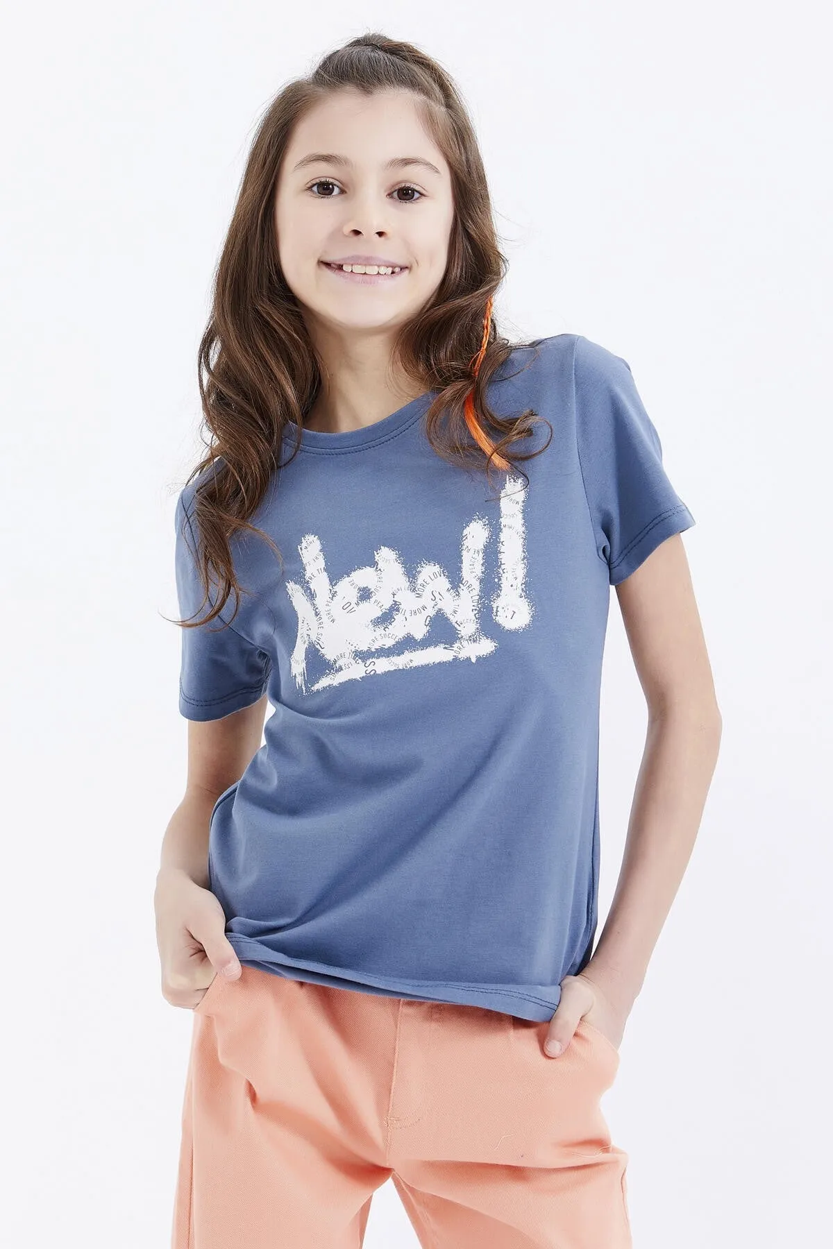 basic yazi baskili o yaka rahat form kiz çocuk t-shirt - 75041