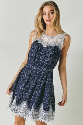 Davi & Dani Printed Sleeveless Lace Trim Mini Dress