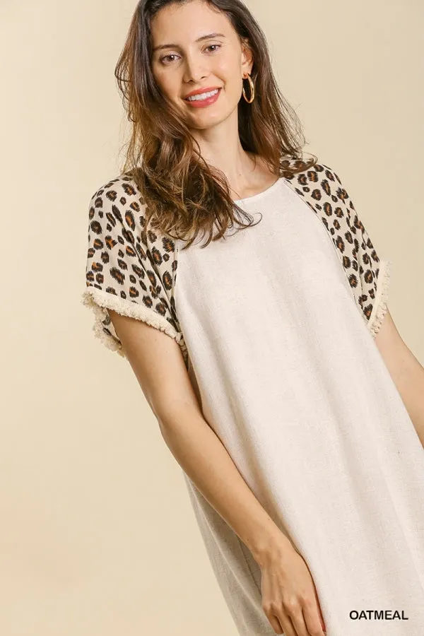 Linen Blend Animal Print Short Sleeve Frayed Hem Dress