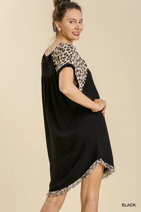 Linen Blend Animal Print Short Sleeve Frayed Hem Dress