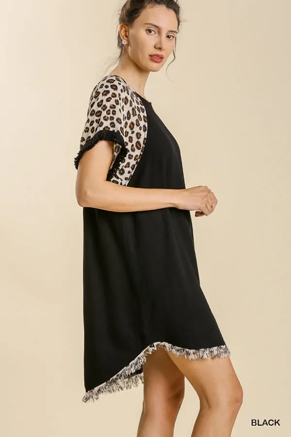 Linen Blend Animal Print Short Sleeve Frayed Hem Dress