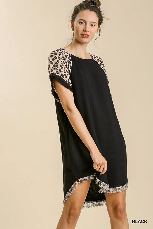 Linen Blend Animal Print Short Sleeve Frayed Hem Dress