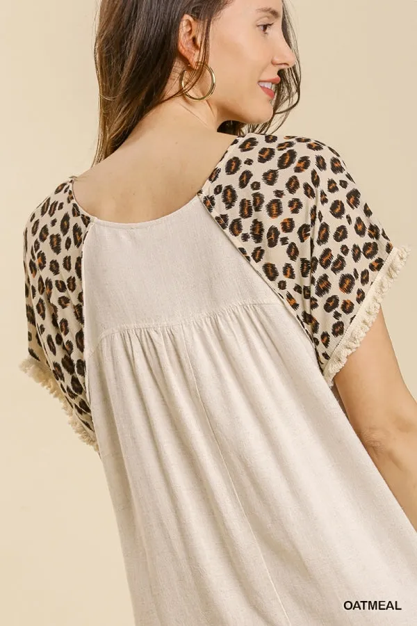 Linen Blend Animal Print Short Sleeve Frayed Hem Dress