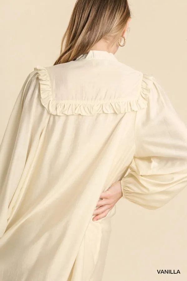 Long Sleeve Smocked Ruffle Yoke Tie Front Dress