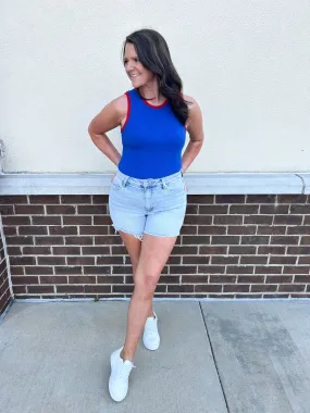 Red   Blue Color block Bodysuit