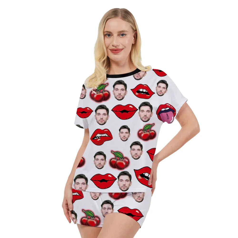 Short Sleeves Shorts Custom Avatar Pajama Set Red Lips Cherry Print