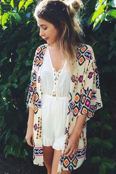 Trendy Geometry Print Beach Kimono