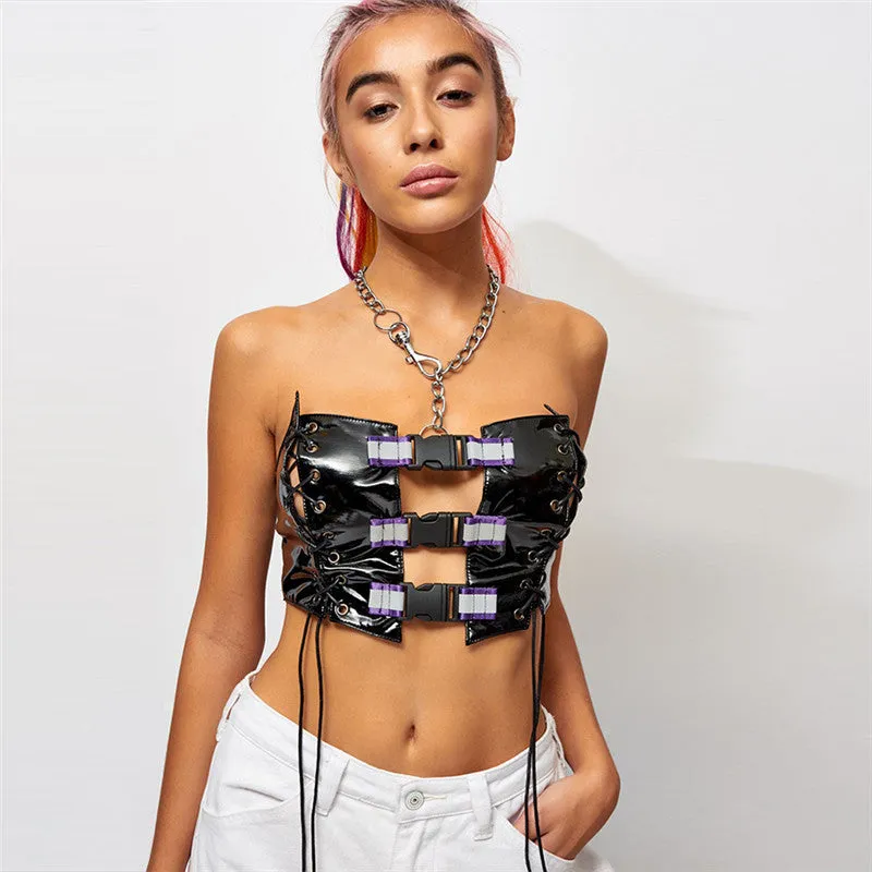 Women's Summer PU Leather Off-Shoulder Crop Top With Reflective Straps